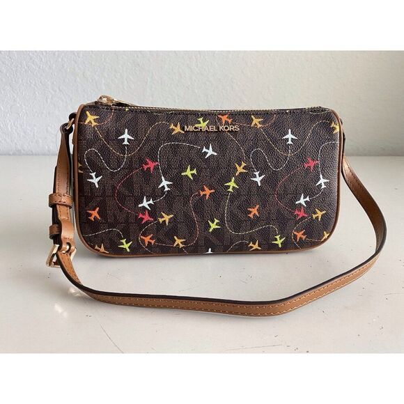 MICHAEL KORS JET SET Brown MULTI EAST WEST Airplanes POUCHETTE Shoulder Bag NEW - Picture 1 of 11